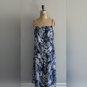 Old Navy Linen-Blend Navy Blue & White Tropical Button Front Dress